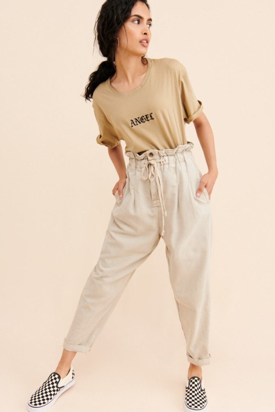 Free People Pant Margate Beige Boho Paperbag Trouser Beige Western M Preppy - Picture 1 of 5